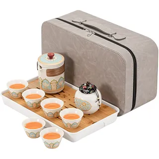 fanquare Chinesisches Porzellan Teekanne mit Sieb, Kungfu Keramik Teeservice mit Reisetasche,Teedose und Teebrett,Tee Set mit Blumenmuster für Erwachsene, Weiß