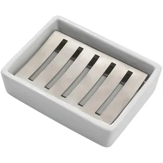 Ulable Keramik 304 Edelstahl Seifenschale, Doppellagig, Selbstentleerender Seifenhalter, Langlebig Seifenretter, Leicht zu reinigen, Seifenbox für Badezimmer (weiß)