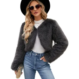 Damen Kurz Kunstpelze Jacke Kunstfell Mantel Kuschelig Fellmantel Dicke Warme Winterjacke Winter Pelzjacke Langarm Wintermantel, Damen , schwarz, XL - Dunkelgrau