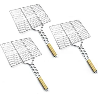 3 x Grillguthalter mit Holzgriff | BBQ Grillkorb für Fischgemüse Steak Garnelenkoteletts | 38,5 x 28 cm Grillgitter aus Metall | Gemüsekorb Burger Grillwender | Grilling Basket | Grill Rost zum Grillen