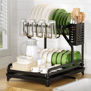 Cocolemon Abtropfgestell Geschirr, 2-Stufiges Geschirrabtropfgestell Edelstahl mit Utensilienhalter und Abtropfschale, Geschirr Abtropfständer Geschirrtrockner für Küche, Dish Drying Rack Drainer