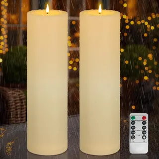 Kimjo 10CM x 35CM Flammenlose Große LED Kerzen Outdoor Wasserdicht 2 Stück - Elfenbeinweiß Plastik Led Kerzen mit Timerfunktion Fernbedienung - Led Kerzen Flackernde Flamme 500+ Stunden Batterie