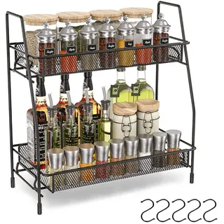 JUMRHFAN Gewürzregale Freistehend, 2-stufiger Küchenschrank, Gewürzflaschenhalter mit 5 Haken (Schwarz)