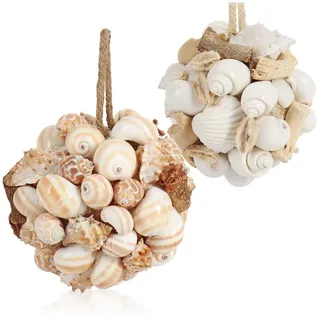com-four® 2X Deko-Muschelball weiß/Gemustert - Dekoration zum Aufhängen - Maritimes Wohnaccessoire mit Meeresflair - Kugel mit Holz, Muscheln und Schlaufe aus Jute (2 Stück - Muschelball)