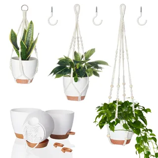 Bamworld Makramee Blumenampel Blumentopf Hängend Außen Innen (Mit 3 Töpfen) Balkondeko Hängeampel Balkon Deko Aesthetic Room Decor Boho