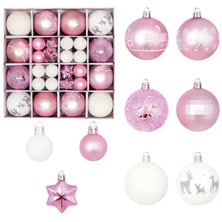 Fouriding 42 Stücke Weihnachtskugeln Kunststoff Christbaumkugeln Hängende Dekoration für Weihnachtsbaumschmuck Dekoration (Rosa Weiß)
