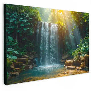 MuchoWow Leinwandbild Wasserfall - Dschungel - Sonne - Grün - Natur XXL 150x100 cm , Textil , Kiefer , Rechteckig , 150x100 cm , FSC 100% , gerahmt , Bilder & Rahmen, Bilder, Leinwandbilder