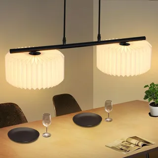 ZMH Pendelleuchte Esstisch Hängelampe Vintage Hängeleuchte Wohnzimmer Esszimmerlampe 2 Flammig Weiß Lampenschirm Papier Lang Pendellampe Esstischlampe für Schlafzimmer Esszimmer ohne Leuchtmittel