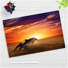 Bild Schreibtischunterlage für Kinder und Erwachsene Delfine im Sonnenuntergang, aus hochwertigem Vinyl , 60 x 40 cm