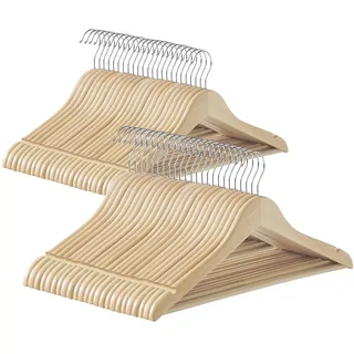 SONGMICS Kleiderbügel Holz, 48er Set Bügel, Holzbügel, Einkerbungen im Schulterbereich, Hosensteg, Hosenbügel, 360° drehbarer Haken, für Jacken Hemden Mäntel, naturbeige CRW010N48