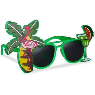 Relaxdays Partybrille Hawaii, für Mottoparty, JGA und Fotobox, grün | lustige Sonnenbrille mit Palme u. Cocktail, Gagbrille Flamingo, Spaßbrille Karneval