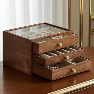 Baolivi Schmuckaufbewahrung Schmuckkasten Klein Schmuckkästchen aus Holz für Damen, Massivholz Schmuckschatulle Schmuckbox Holz mit Glasabdeckung 3 Schubladen Schmuckkiste für Ringe Halskette