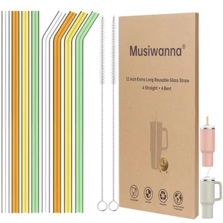 Glasstrohhalme 31cm Lange Durchmesser 1cm für Stanley Adventure Quencher Reisebecher 40oz, 8 Stück Bunt Ersatz Trinkhalme mit 2 Reinigungsbürsten, Wiederverwendbar Strohhalme, Stanley Cup Zubehör