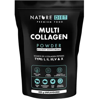 Nature Diet Multi-Kollagen-Pulver, 400 g, Typen I, II, III, V und X | 5 Typen, Geschmacksneutral, Hochkonzentrierte hydrolysierte Kollagenpeptide