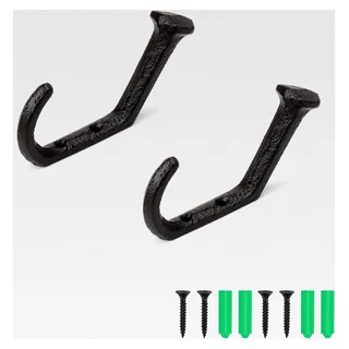 2 Stück Garderobenhaken Schwarz Matt, Einzeln Wandhaken, Vintage Kleiderhaken aus Gusseisen, Aufbewahrungshaken in Nagel-Optik, Für Innen- und Außenbereich geeignet