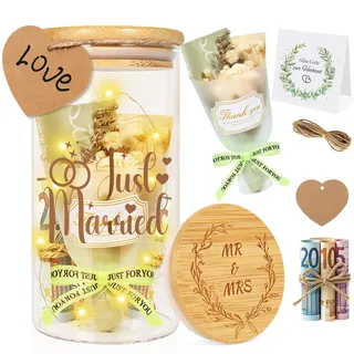 Hochzeitsgeschenke für Brautpaar, Hochzeit Geldgeschenk Verpackung mit Trockenblumen, Anhänger&Grußkarte, Just Married Spardose,Personalisiertes Hochzeitsgeschenk für Frischvermählte