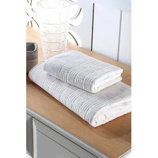 Questo Casa Badetuch-Set, 2-teilig, 100% Baumwolle, 20/2, kardiertes Jacquard-Velours, 450 g/m2, 50 x 90 cm (1 Stück), 90 x 150 cm (1 Stück), cremefarben