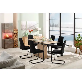 Hela Essgruppe "Ariana, Esstisch mit 6 Stühlen, ausziehbarer Küchentisch" Set, 1 Tisch ausziehbar / 6 Stühle, 7 Stk. tlg. Tisch 120-160cm, 6 Stühle mit hoher Belastbarkeit, artisan eiche, bezug waterfree schwarz, schwarz, schwarz