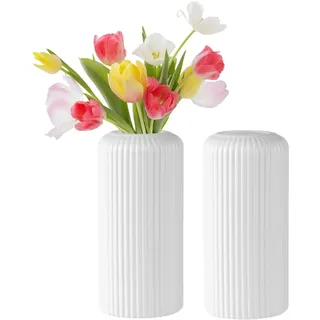 Fyfjur Vase Kunststoff, 2 Stück Blumenvase Weiß, Vasen Modern Gestreift Langlebig für Wohnzimmer, Büro, Hochzeitsdekoration (20 X 10cm)