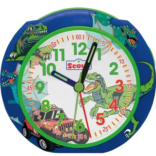 Scout Wecker analog mit blauem Gehäuse Serie "Pics blue Dino" mit Lernziffernblatt und Dino-Motiven - Blau