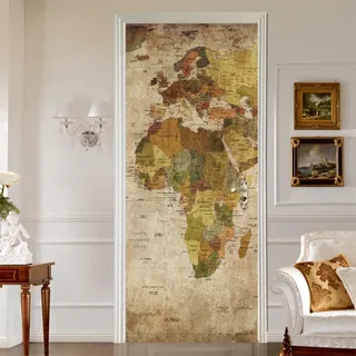 Türaufkleber Türklebefolie Vintage-Weltkarte Vinyl Türfolie Küche 90x200cm Wohnzimmer Schlafzimmer Toilette Entfernbar Aufkleber Wasserdichte Tapete