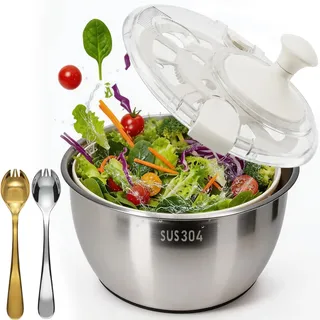 ANVINKU 5L Salatschleuder Edelstahl mit Deckel, 3-in-1 Spülmaschinenfest | Edelstahl 304, 5L Fassungsvermögen, 3-in-1 Waschen-Schleudern-Servieren, Spülmaschinengeeignet, Luftdichter Deckel