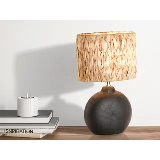 LED Tischlampe 38,5cm Keramikfuß Schwarz mit Naturmaterial Lampenschirm Seegras