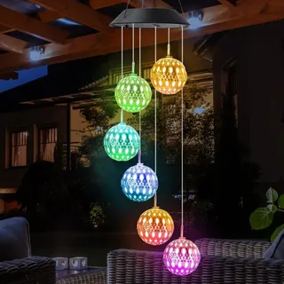 Riisoyu Solar Windspiel für Draußen, 6 LED Solar Kristallkugel Windspiel Licht Farbwechsel Wasserfest Dekorationen für Garten deko draußen Hof Baum Balkon Terrasse und Heimdekoration