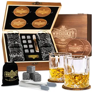 Whisiskey Whisky Gläser Set - Whiskey Geschenkset Glas - Whiskygläser - Geschenke für Männer - Männergeschenke - Geburtstagsgeschenk Mann - Geschenkbox, 4 Rum Gläser x 310ML, 8 Whiskey Steine