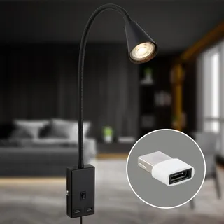 BRILONER - Leselampe mit USB Port, Ein/Aus-Schalter, schwenkbar, Stecker, Wandleuchte Innen, Wandlampe, Bettlampe, Lampe Bett, Leselicht, Nachttischlampe, 50 cm hoch, Schwarz