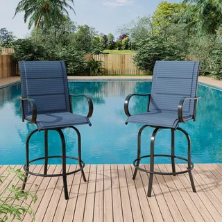 IDEALHOUSE 2er Set Outdoor-Barhocker (Barhöhe) mit 360° Drehfunktion – hohe Rückenlehne & Armlehnen – wetterfestes Textilene, gesteppt – für Terrasse, Balkon & Garten – Farbe: Blau, Gesteppte