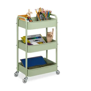 Relaxdays Rollwagen, 3 Etagen, Servierwagen, Küchenwagen Bad & Büro, Rollregal, 71,5x43,5x29,5 cm, Bastelwagen, grün