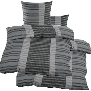 KH-Haushaltshandel 4-TLG. Seersucker Bettwäsche 2X 135x200 +80x80cm, grau, quergestreift, bügelfrei, Microfaser (60363)
