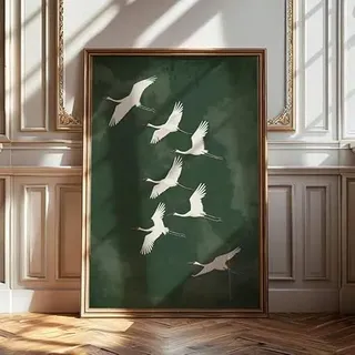 XBTYKPB Grüne fliegende Kraniche, Vogelkunst, Vintage-Tiere, Poster im Japandi-Stil, Retro-Gemälde, Leinwanddruck, Wandbild für Heimdekoration (60 x 90 cm/Innenrahmen)