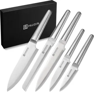 PAUDIN 5-teiliges Messerset, Küchenmesserset aus deutschem Edelstahl, Kochmesser Brotmesser Fleischmesser Allzweckmesser Schälmesser, Messer mit bequemem Griff und Geschenkbox