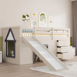 Flieks Etagenbett 90x200cm mit Rutsche, Kinderbett Hausbett mit 3 Schubladen, Hochbett mit Rausfallschutz und Lattenrost, Stockbett Weiß - Weiß