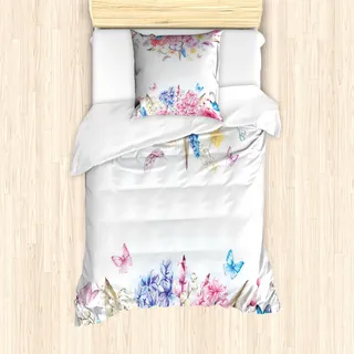 ABAKUHAUS Shabby Flora Mantele, Rosen-Blumen-Gänseblümchen, Milbensicher Allergiker geeignet mit Kissenbezügen, 135 cm x 200 cm - 80 x 80 cm, Blassblau Lila - Lila