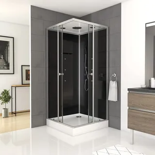 Duschwand Komplett MARWELL Komplettdusche Fertigdusche Black Square 90 x 90 x 215 cm - Eckdusche mit Eckeinstieg - Duschkabine mit hochwertigen Aluminiumprofilen - Einstiegshöhe 15 cm - Schwarz, Silber
