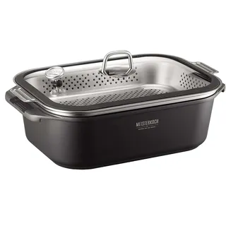 Meisterkoch Profi-Bräter 7,5 L mit Glasdeckel, eckig, schwarzer Alu-Guss | Induktion-geeignet mit Dämpfeinsatz, backofengeeignet bis 300°C, spülmaschinengeeignet, für Küche, Bratenthermometer