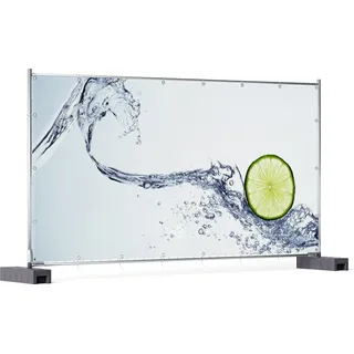 Wallario XXL Outdoor-Poster für Garten oder Balkon, Motiv Limettenscheibe in spritzigem Wasser, in ca. 340 x 173 cm - Blau