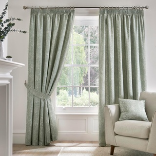 Dreams & Drapes - Grüne jakobinische Vorhänge B 90 x L 90 cm (229 x 229 cm) – 2 Paneele – 100% Baumwolle – 2 Vorhänge mit Raffhalter – Vorhänge mit Blumenmuster in Hellgrün