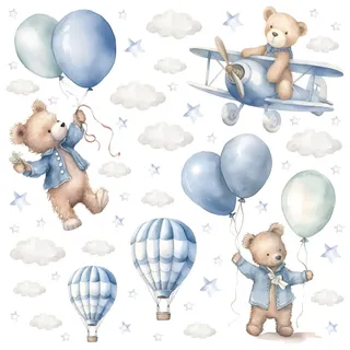 Muralo Wandsticker Bären Ballons 120x60 , Beige, Blau, Braun, Grau, Grün, Schwarz, Weiß , Papier , Tiere, Märchen/ Fantasie , Rechteckig , 120x60x60 cm , Tapeten & Wandverkleidungen, Wandtattoos & Sticker, Wandtattoos