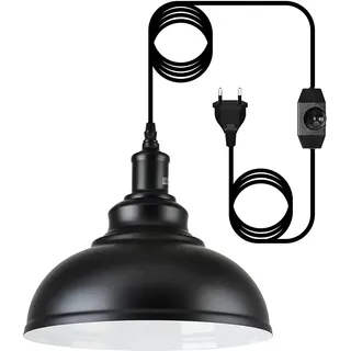 Hängelampe mit Stecker, Dimmbar Vintage Pendelleuchte mit 4.5m Kabel und Dimmer Schalter, E27 Lampefassung Schwarz Metall Hängeleuchte für Outdoor & Innen Küche Garten Balkon Terrasse, Ø 26CM
