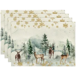 Artoid Mode Kiefern Elch Schneeflocken Weihnachten Platzsets 4er Set, 30x45cm Winter Urlaub Bankett Tischsets Platzdeckchen Küche Party Deko