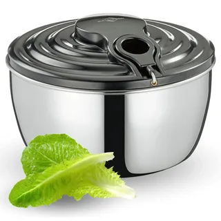 Küchenprofi Salatschleuder WAVE, Edelstahl, Salat Handschleuder mit Seilzug, Salatschüssel mit Deckel, Basisplatte und Korb, Zerlegbar für einfache Reinigung, Inhalt 3,25 L, Ø 24,5 cm