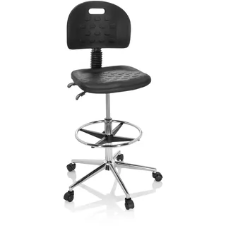 hjh OFFICE 830097 Arbeitsstuhl hoch TOP Work 23 I PU-Hartschaum Schwarz Arbeitshocker mit Lehne, Rollen & Gleiter