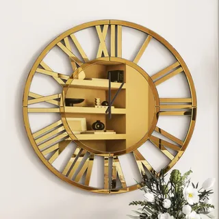 SHYFOY Spiegel-Wanduhr, 80 cm dekorative Wanduhr mit römischen Ziffern, große Wanduhr für Wohnzimmer, batteriebetrieben, Gold