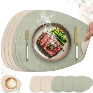 HELI MIAO 6er Set Tischset aus Leder-Imitat,Platzsets abwaschbar und wasserdicht,Platzdeckchen Lederoptik mit Untersetzer,Tischuntersetzer Doppelseitigen rutschfest(Oval,Hellgrün+Beige)