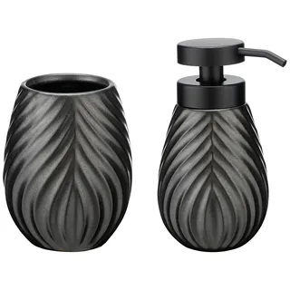 Wenko Bad-Accessoire Set Idro Anthrazit, 2-tlg., Seifenspender und Zahnputzbecher aus Keramik, Linien-Struktur