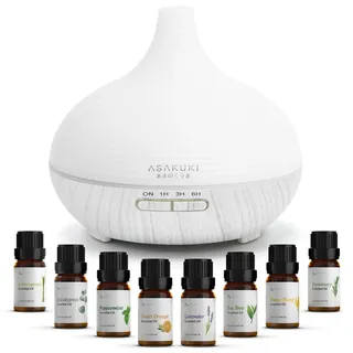 ASAKUKI Aroma Diffuser, 300ml Ultraschall Luftbefeuchter mit 8 * 10ml Ätherische Öle Set, Aromatherapie Diffusor 14 Farben LED, 23dB Cool Mist Raumbefeuchter, Yoga, SPA, Zuhause Weiß